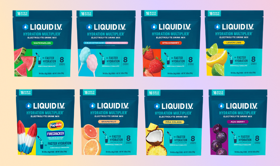 Display of eight Liquid I.V. 16-count packets in various flavors: watermelon, cotton candy, strawberry, lemon lime, popsicle, grapefruit, piña colada, and açai berry.