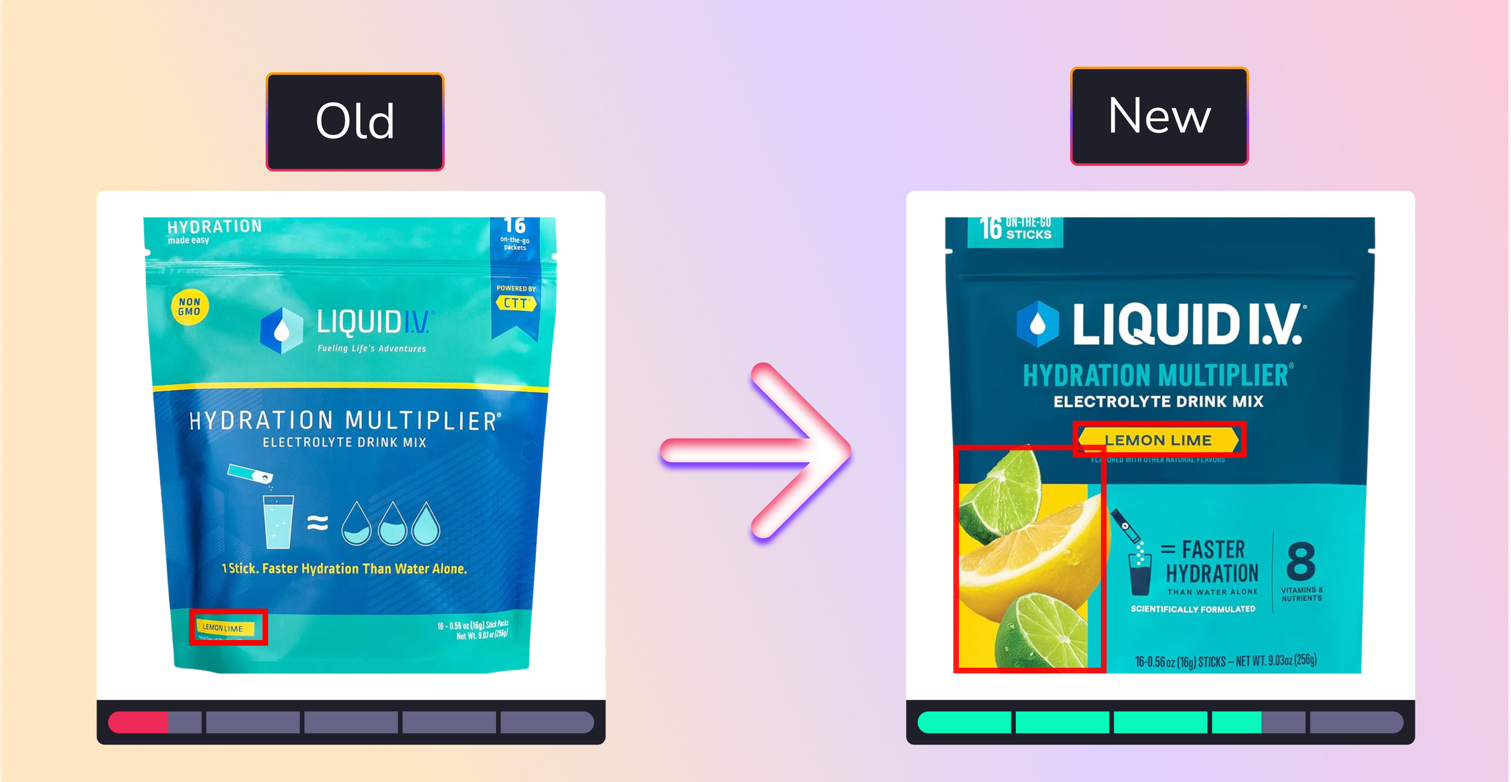 Comparison of Liquid I.V. 16-count lemon-lime flavor packaging: new design features large, centered flavor title and visual representation.
