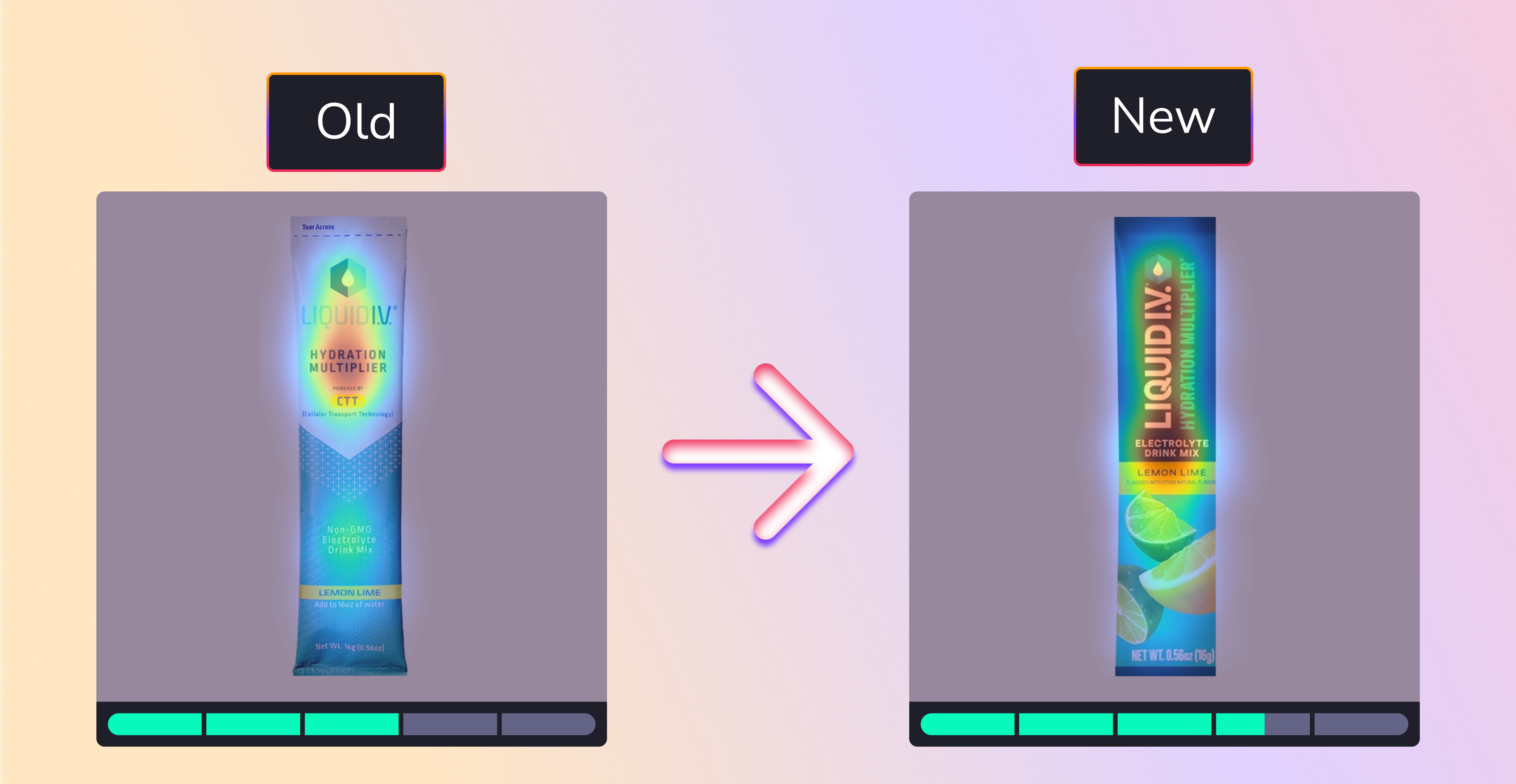 Vizit heatmaps show Liquid I.V. individual packets: vertical layout increases design space for larger text and flavor graphic, aligning with bulk focus.