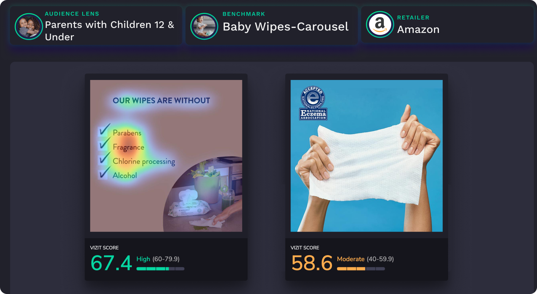 Two product images for Honest baby wipes emphasizing key benefits. The left image highlights ingredient transparency with a checklist, scoring 67.4, while the right image, showing a textured wipe against a blue background with an eczema certification, scores 58.6.